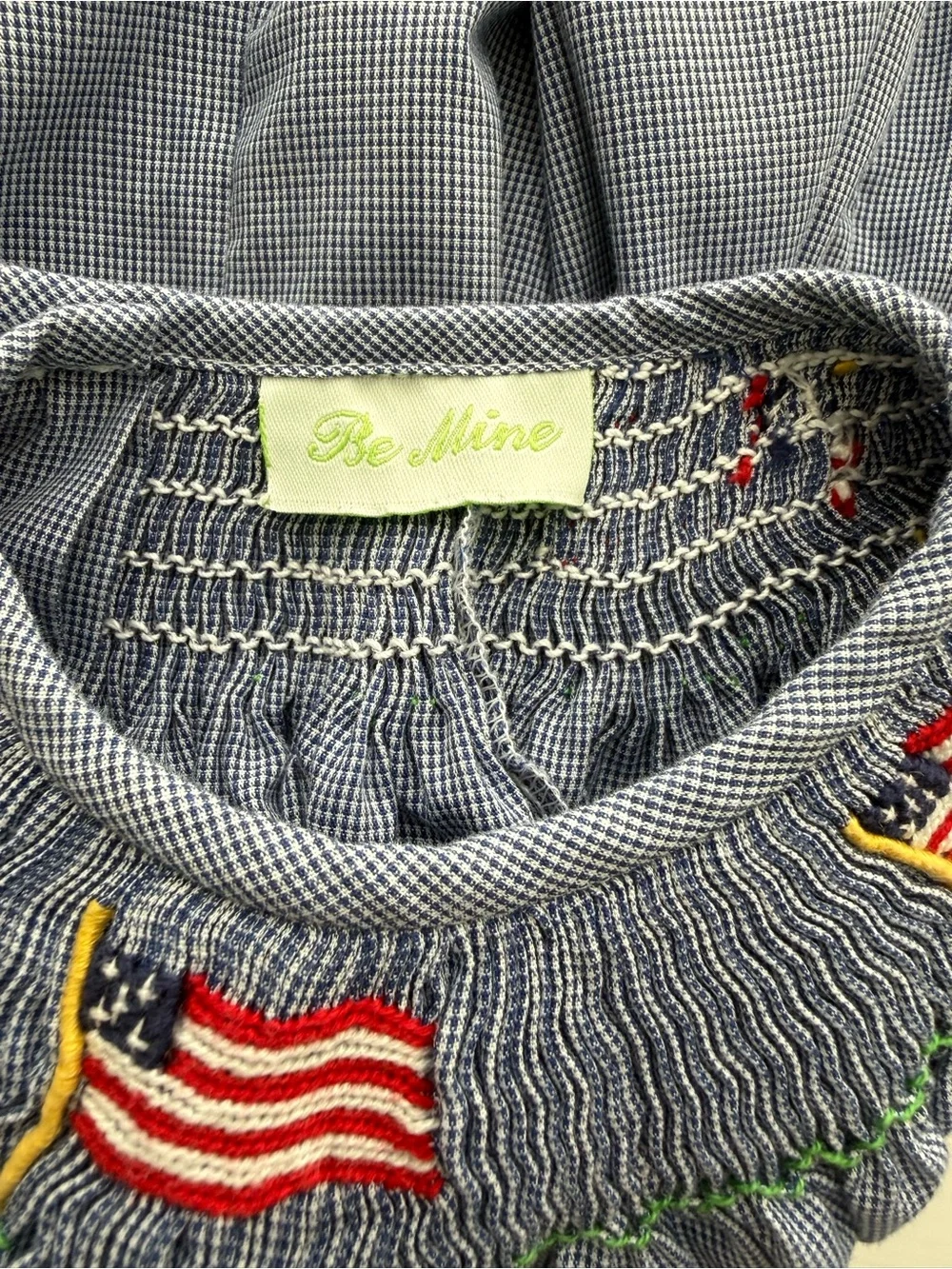 Be Mine Blue and White Gingham Smocked Top with Embroidered Flag Accent